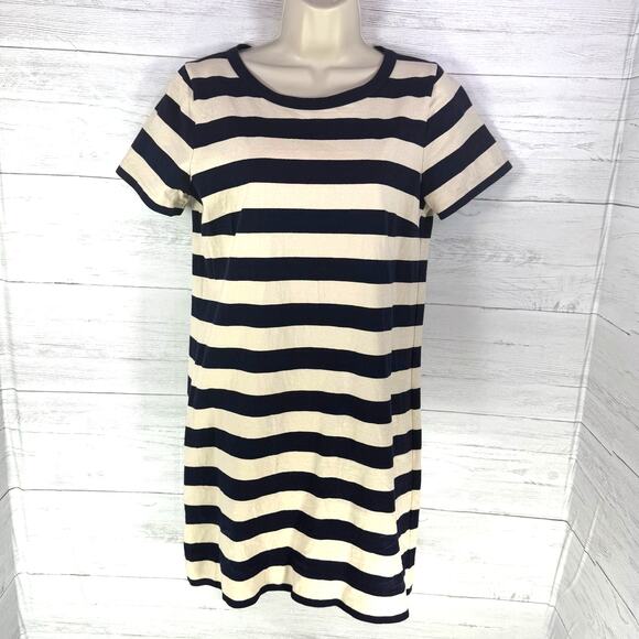 J. Crew small navy blue cream stripe mini t shirt dress nautical sailor twee - Picture 1 of 7